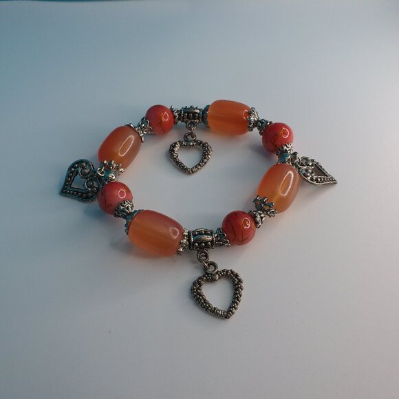 Women's Peach Clear Crystal beaded Bracelet, with little silver hearts - Picture 4 of 5
